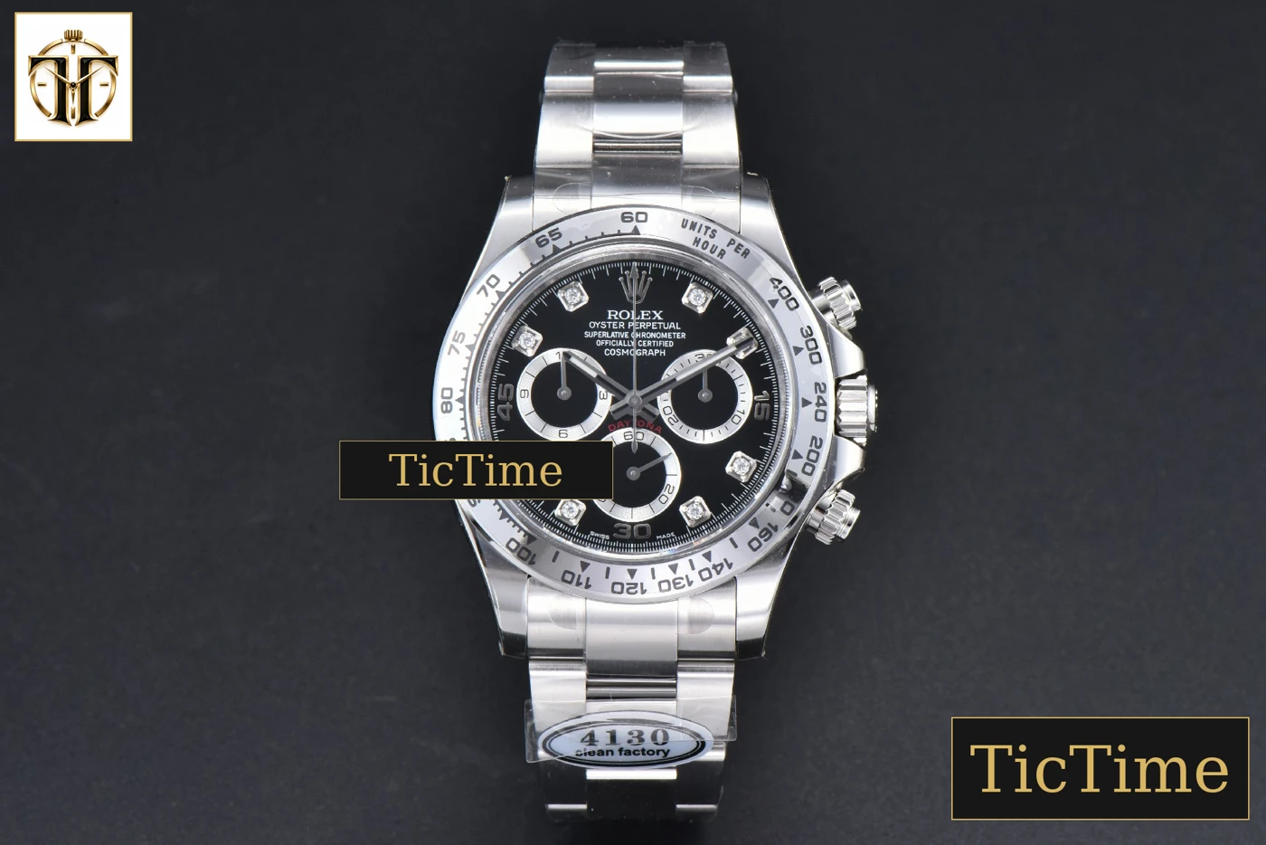 Vista frontal — Daytona 116509 40mm Clean Factory SS Black Dial Diamond Marker SS Bracelet A4130