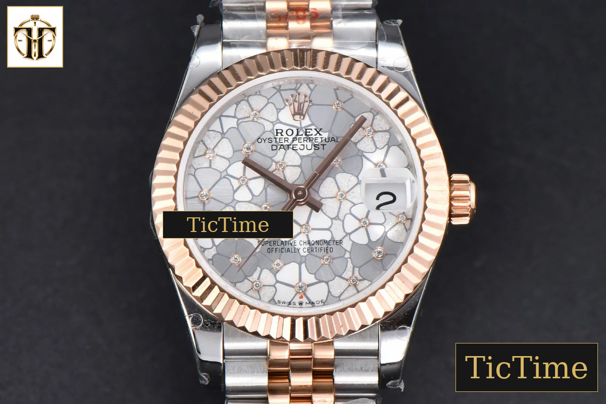 DateJust 904L 31mm GMF RG/SS Fluted Bezel Silver Flowers Dial Jubilee Bracelet A2824 — foto 2