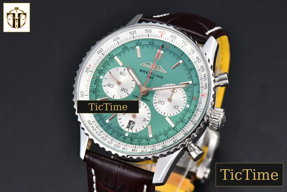 Navitimer B01 43mm BLSF Green Dial White Subdial Black Leather Strap A7750 — foto 4