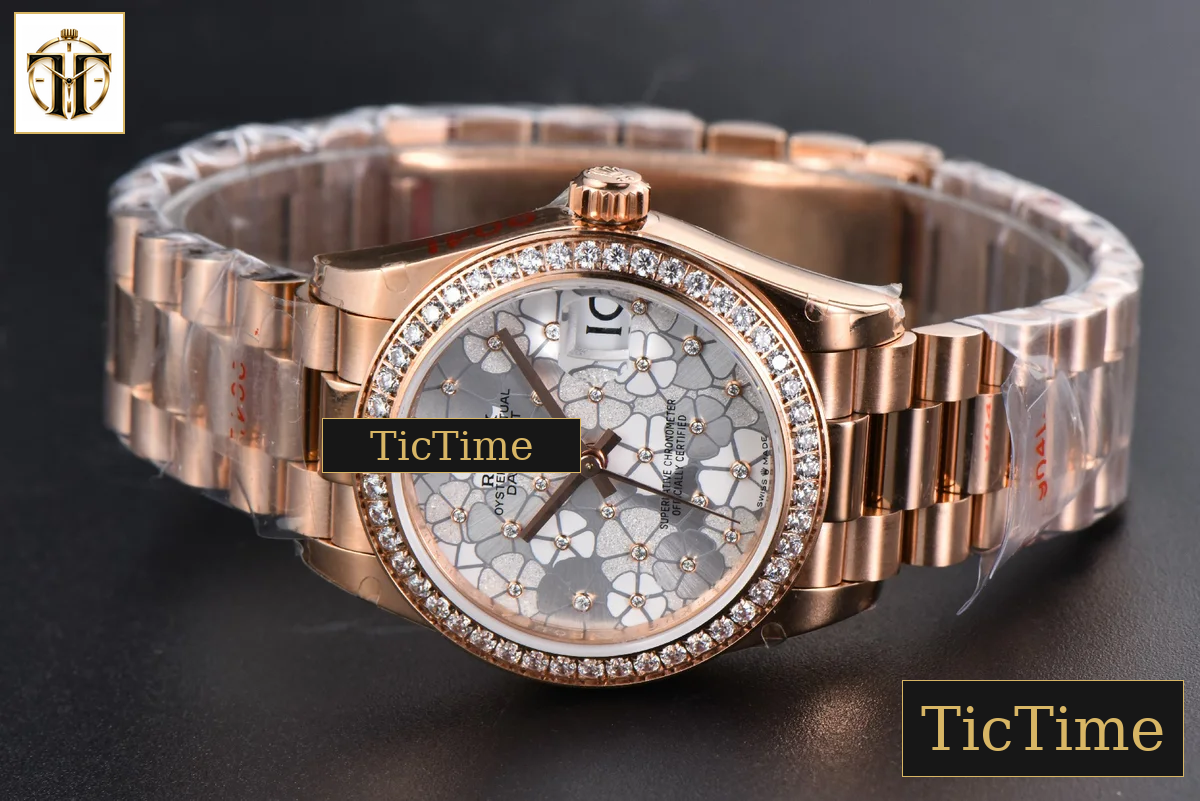 DateJust 904L 31mm GMF RG Diamond Bezel Silver Flowers Dial President Bracelet A2824 — foto 12