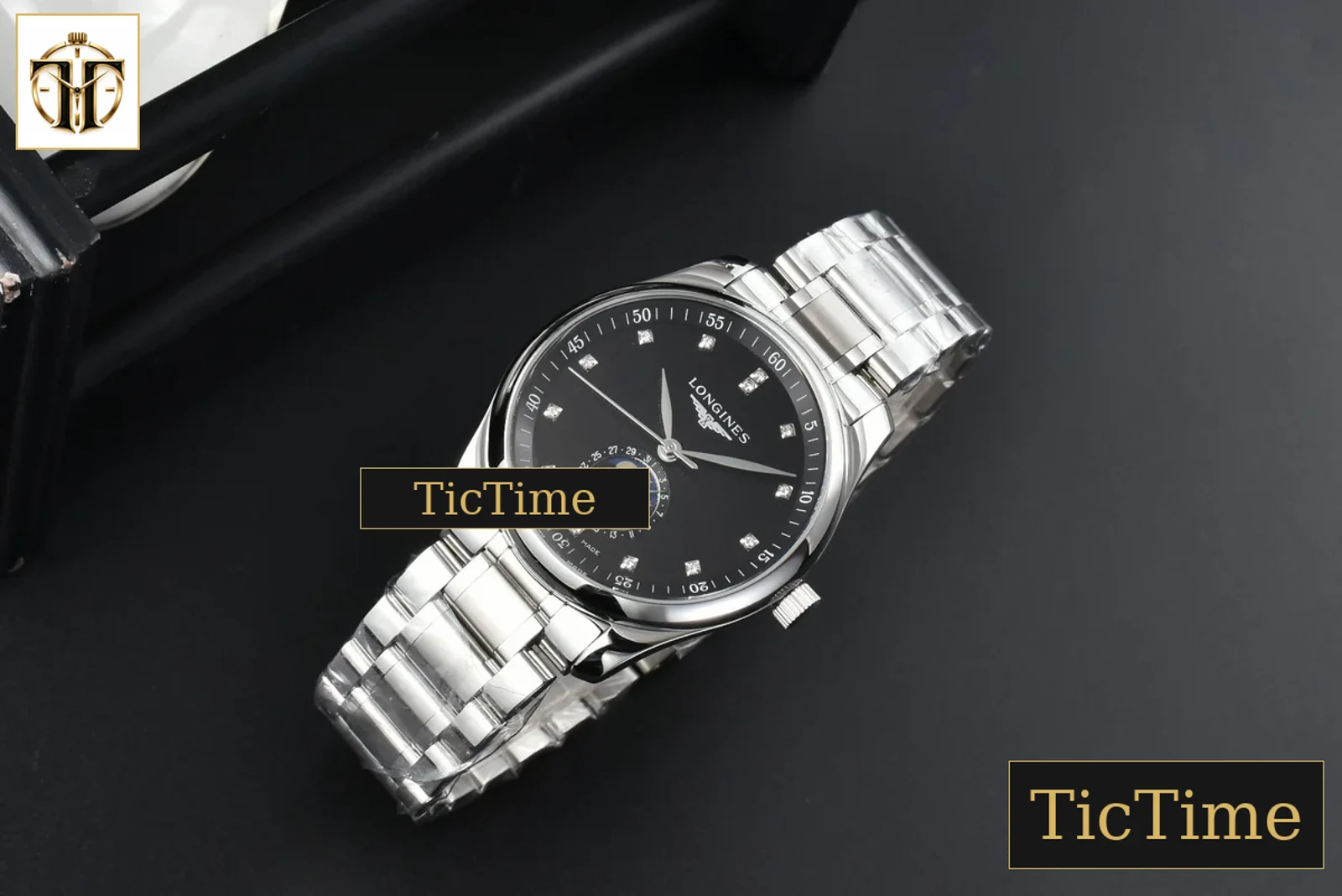 Master Moonphase 40mm GF Black Dial Diamond Marker SS Bracelet A899 — foto 3