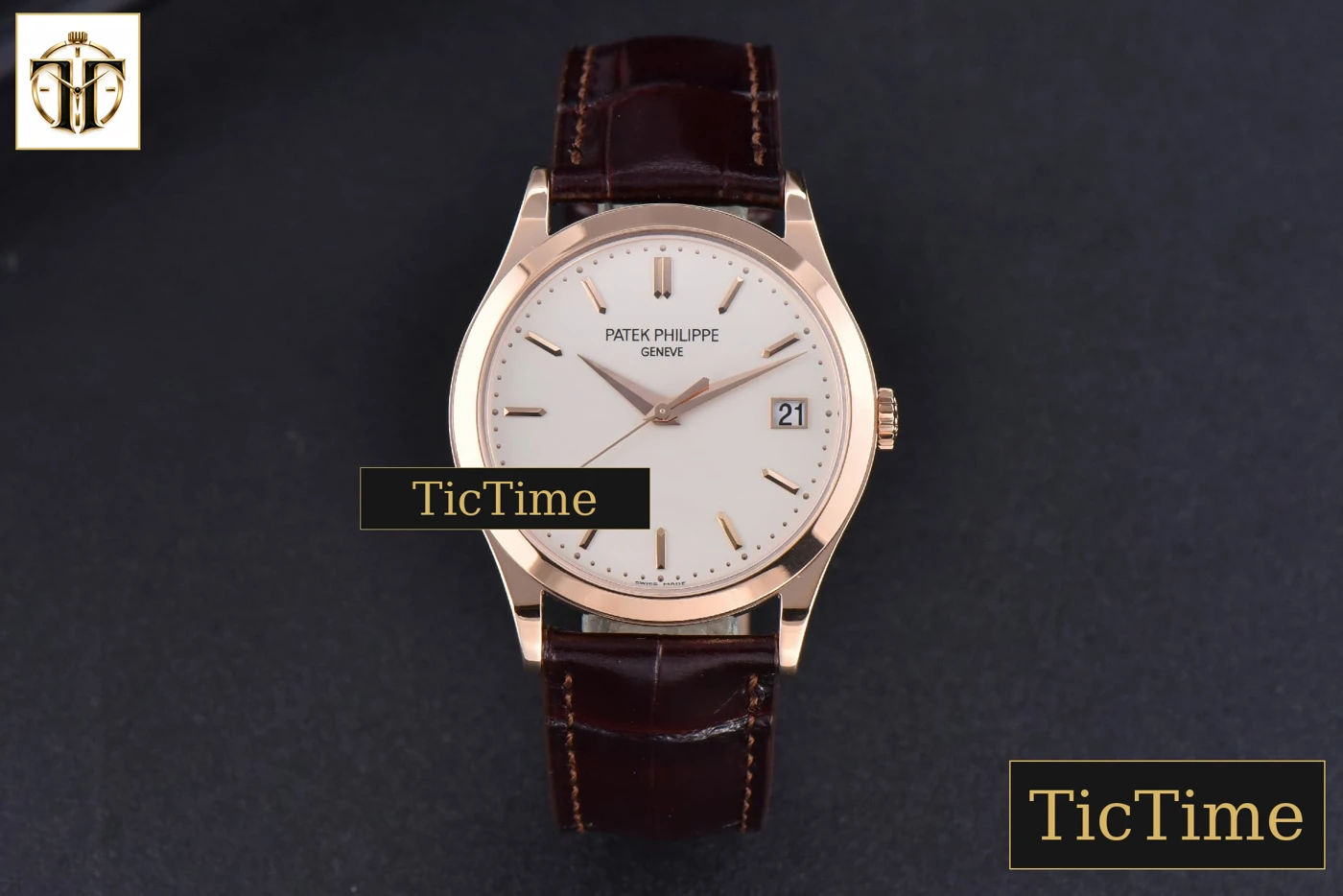 Vista frontal — Calatrava 5296R 38mm ZF RG Ivory Dial Brown Leather Strap 9015