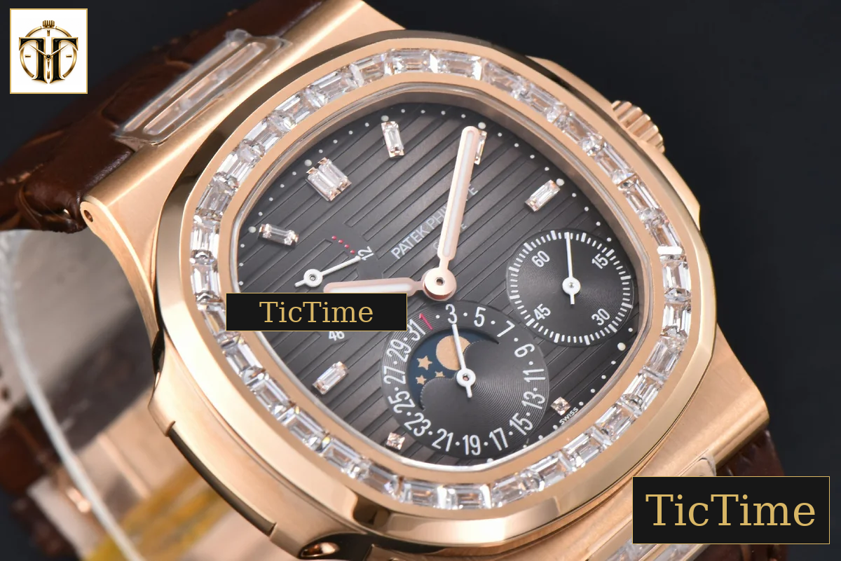 Nautilus 5712 40mm PPF RG Diamond Bezel Gray Dial Diamond Marker Moonphase Brown Leather Strap A240 — foto 13