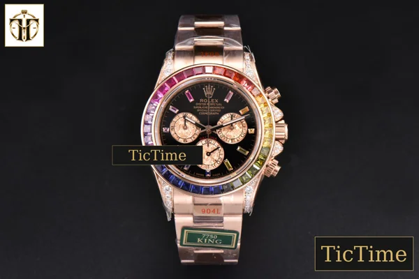 Foto frontal — Daytona 116595 King Factory RG Rainbow Diamond Black Dial RG Bracelet A7750