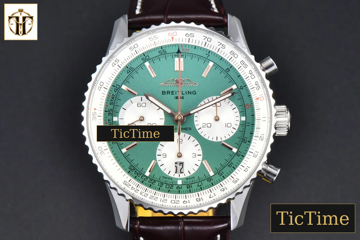 Navitimer B01 43mm BLSF Green Dial White Subdial Black Leather Strap A7750 — foto 2