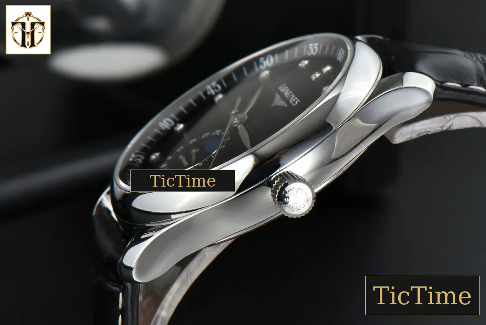 Master Moonphase 40mm GF Black Dial Diamond Marker Black Leather Strap A899 — foto 9