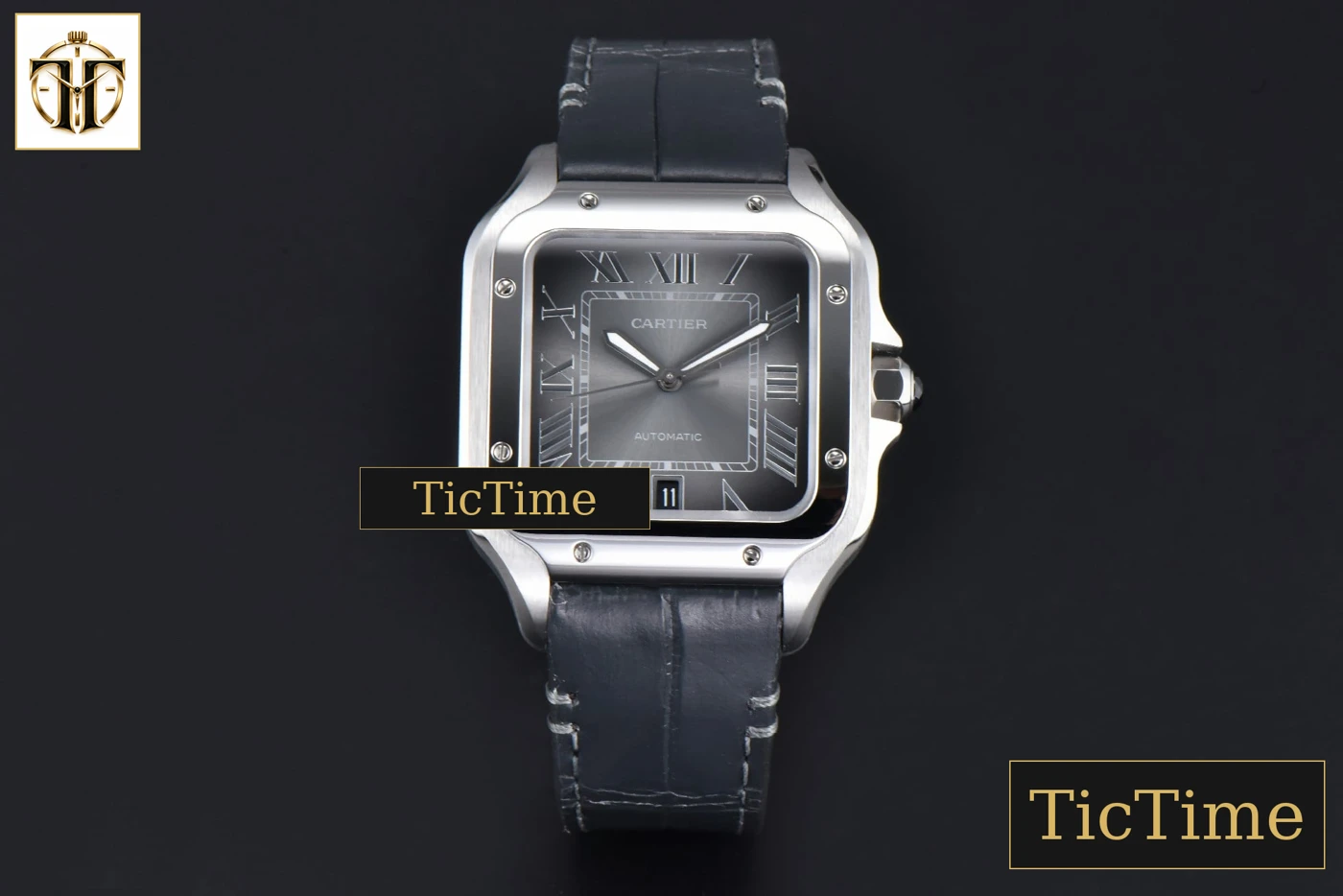 Vista frontal — Santos de Cartier Large 40mm AF SS Grey Dial Black Leather Strap Miyota 9015