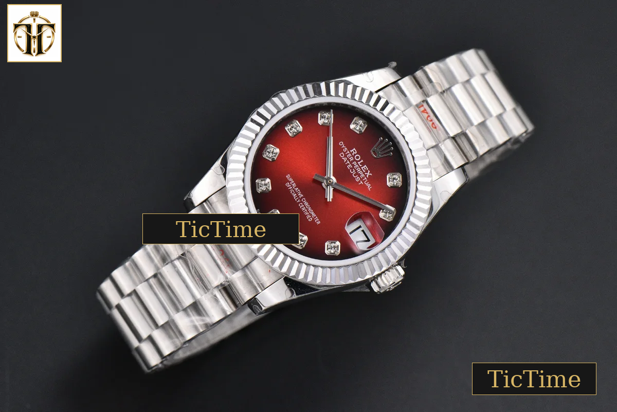 DateJust 904L Fluted Bezel 31mm GMF Red Dial Diamond Marker SS President Bracelet A2824 — foto 3