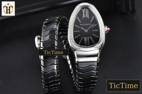 Foto frontal — Serpenti Spiga 35mm BVF SS Black Ceramic Black Dial Diamond Bezel Quartz
