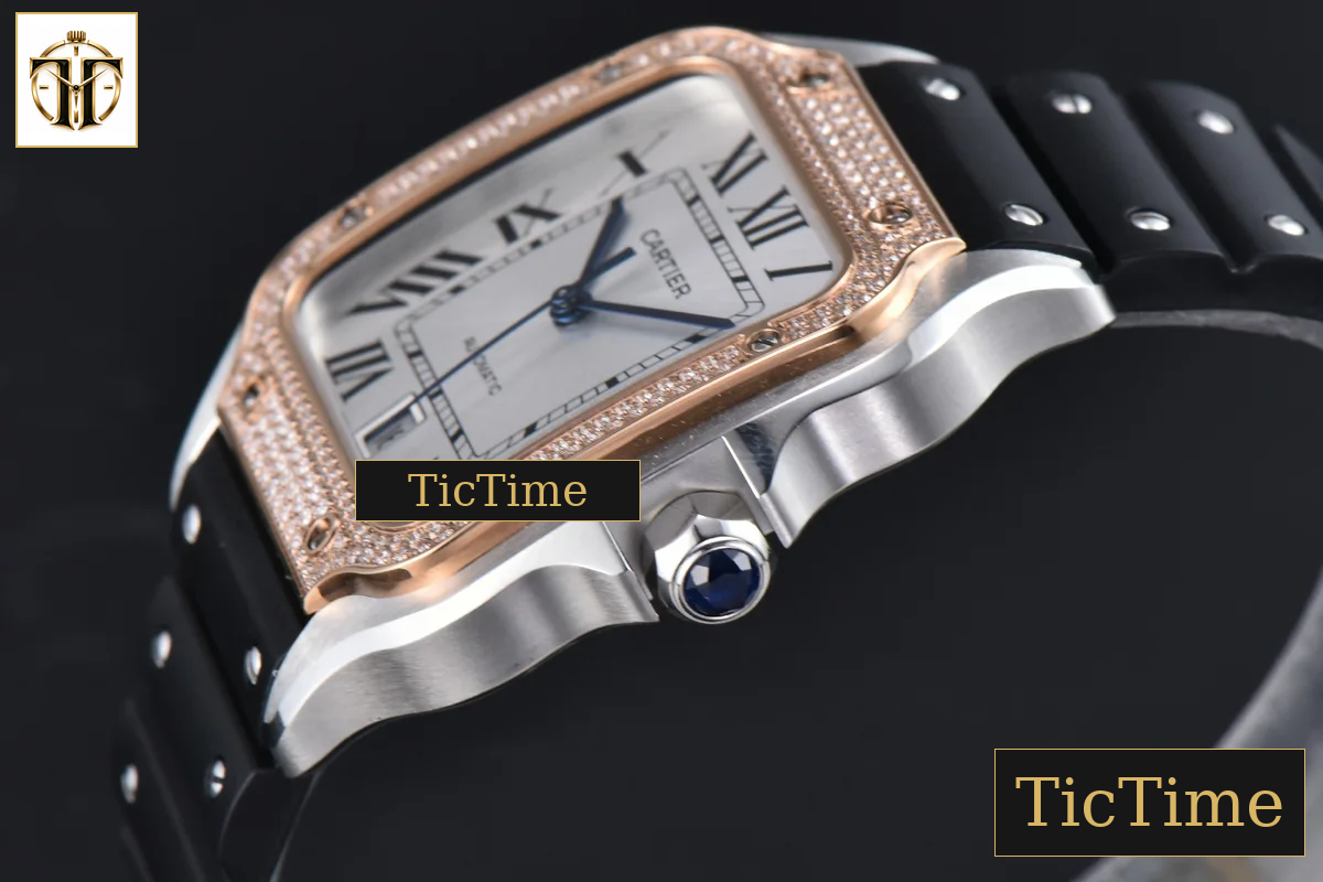 Santos de Cartier XL 40mm AF SS White Dial RG Diamond Bezel Black Rubber Strap Miyota 9015 — foto 9