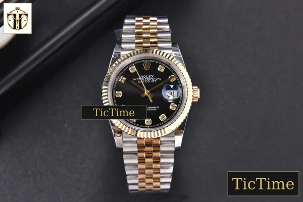 Foto frontal — DateJust 904L 36mm GMF YG/SS Fluted Bezel Black Dial Diamond Marker Jubilee Bracelet VR3235