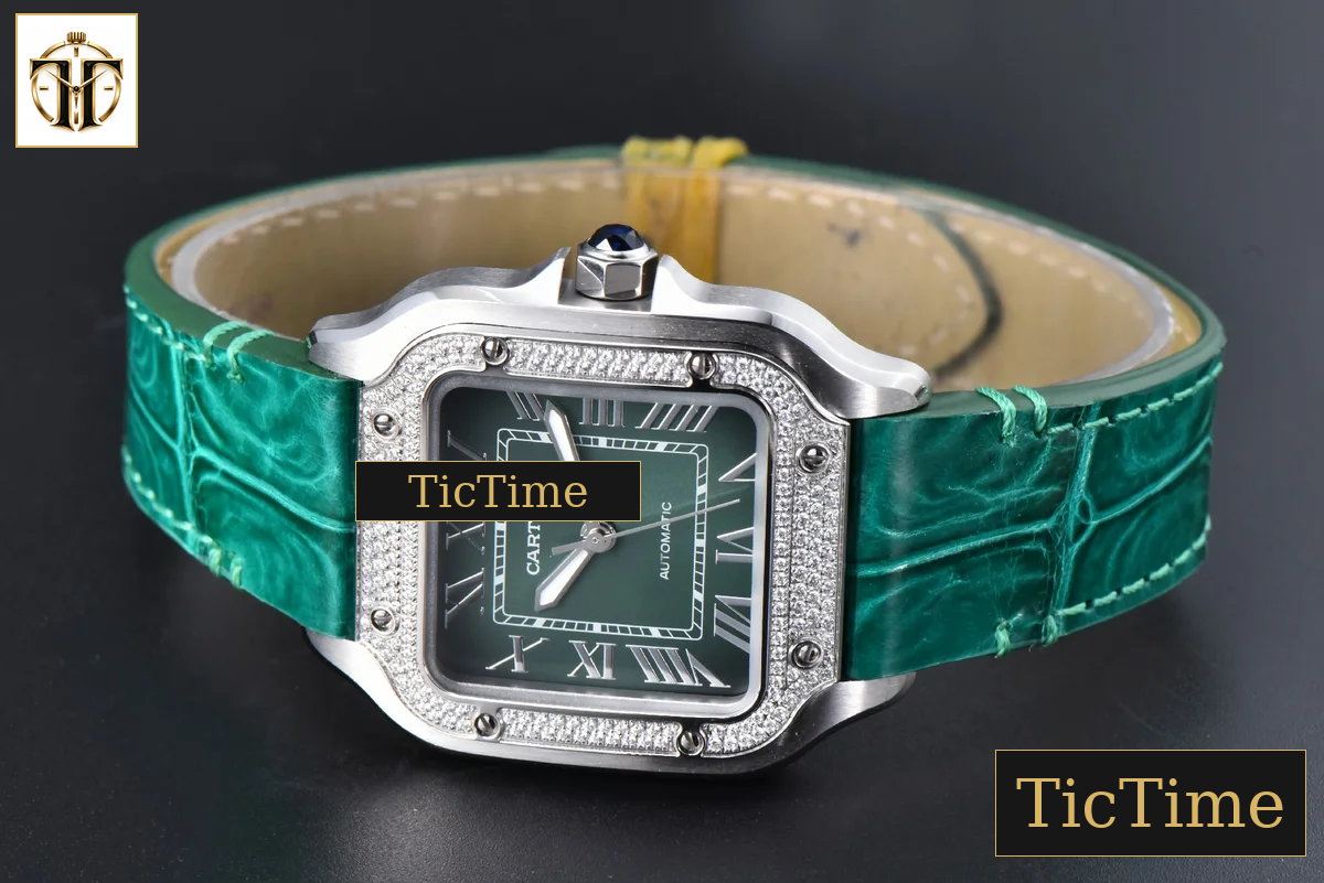 Santos de Cartier Medium 35mm AF SS Green Dial Diamond Bezel Green Leather Strap Miyota 9015 — foto 11