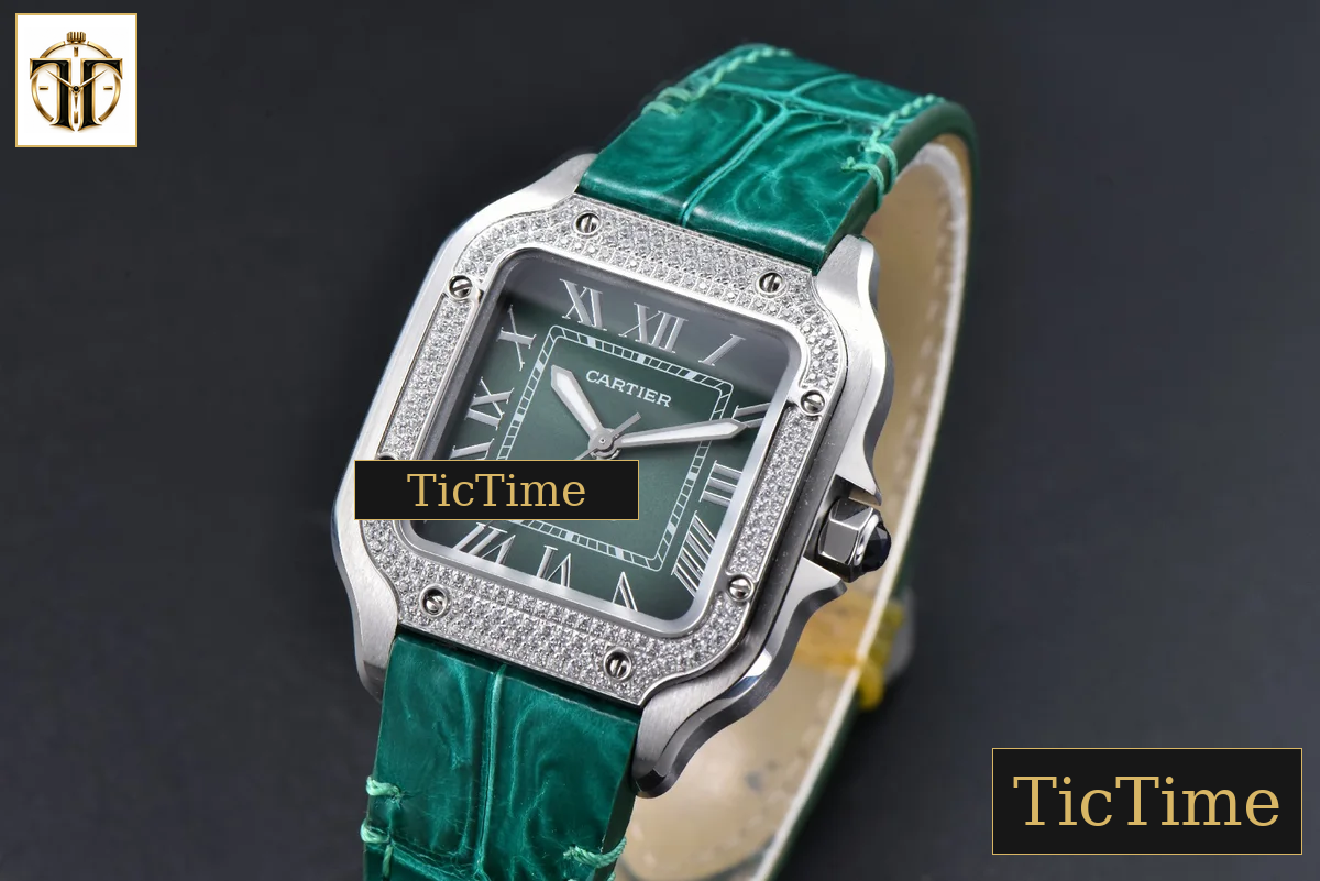 Santos de Cartier Medium 35mm AF SS Green Dial Diamond Bezel Green Leather Strap Miyota 9015 — foto 3