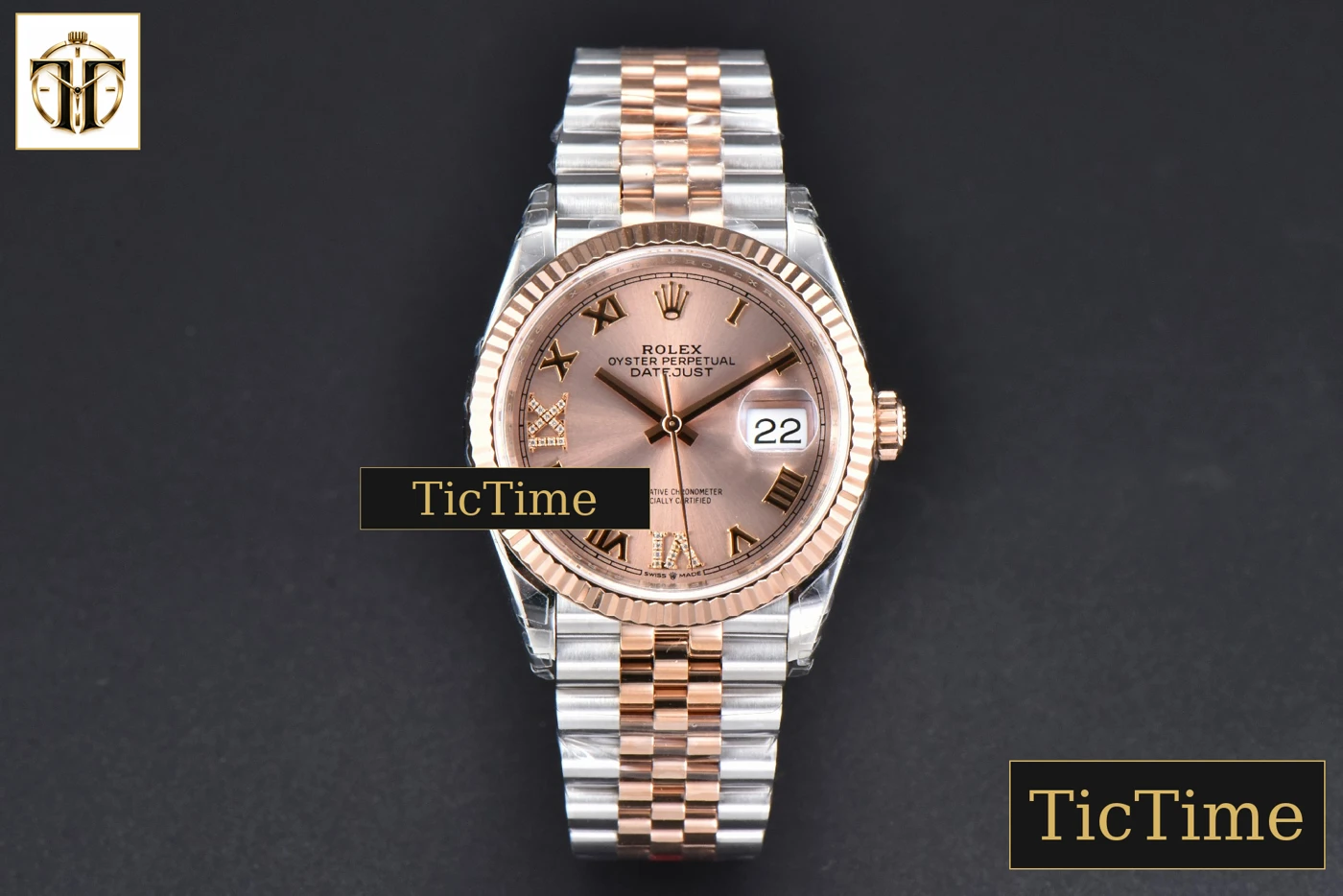 Vista frontal — DateJust 36mm VSF RG/SS 904L RG Diamond Roma Marker Jubilee Bracelet VS3235