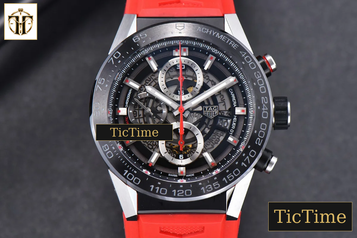 Calibre Heuer 01 Chrono 45mm XF Skeleton Dial Red Hand Red Rubber Strap A1887 — foto 2