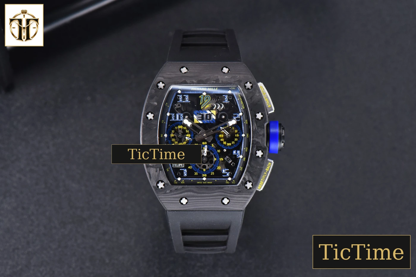 Vista frontal — NTPT Chrono RM011 KVF Skeleton Dial Blue Crown Black Rubber Strap V2 A7750