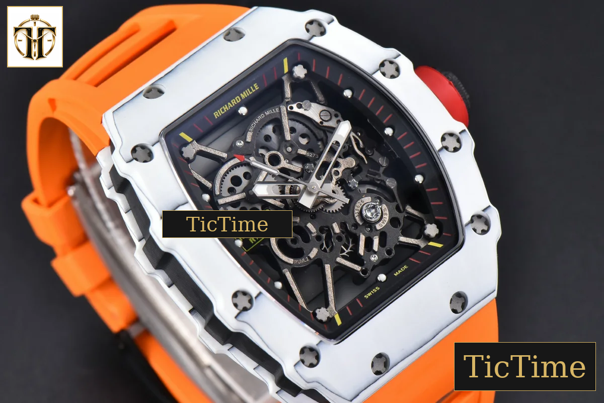 RM035-02 42mm T+F White Forged Carbon Skeleton Dial Red Crown Orange Rubber Strap RMUL2 — foto 14