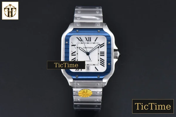 Foto frontal — Santos de Cartier XL 40mm AF SS White Dial Blue Bezel SS Bracelet Miyota 9015