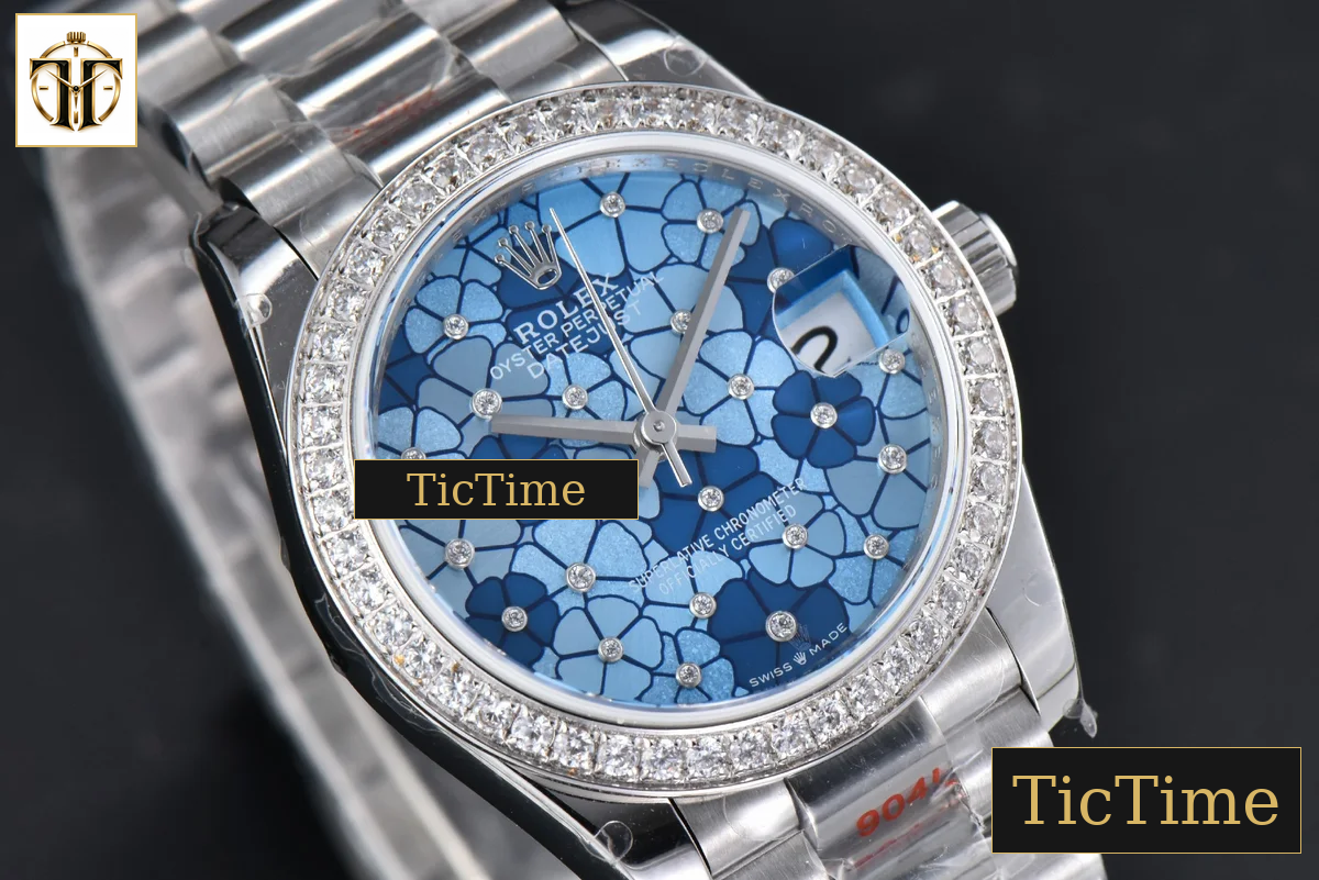 DateJust 904L 31mm GMF Diamond Bezel Blue Flowers Dial President Bracelet A2824 — foto 13