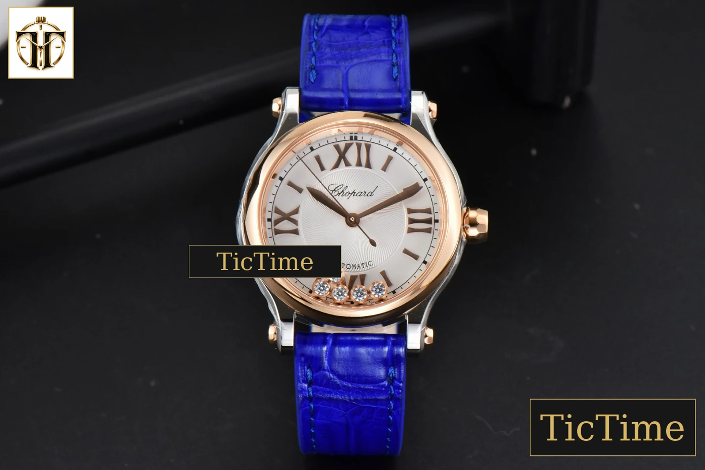 Vista frontal — Happy Sport Automatic 33mm HWF RG/SS White Dial Light Blue Leather Strap A2892