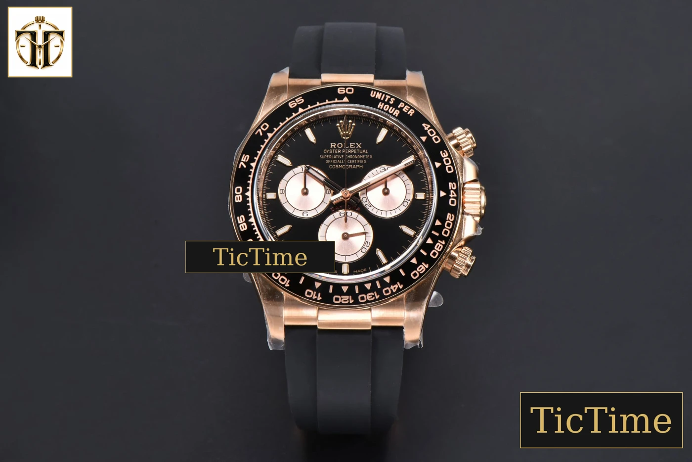 Vista frontal — Daytona 126515 40mm Clean Factory RG Black Dial RG Subdial Oysterflex Strap DD4131
