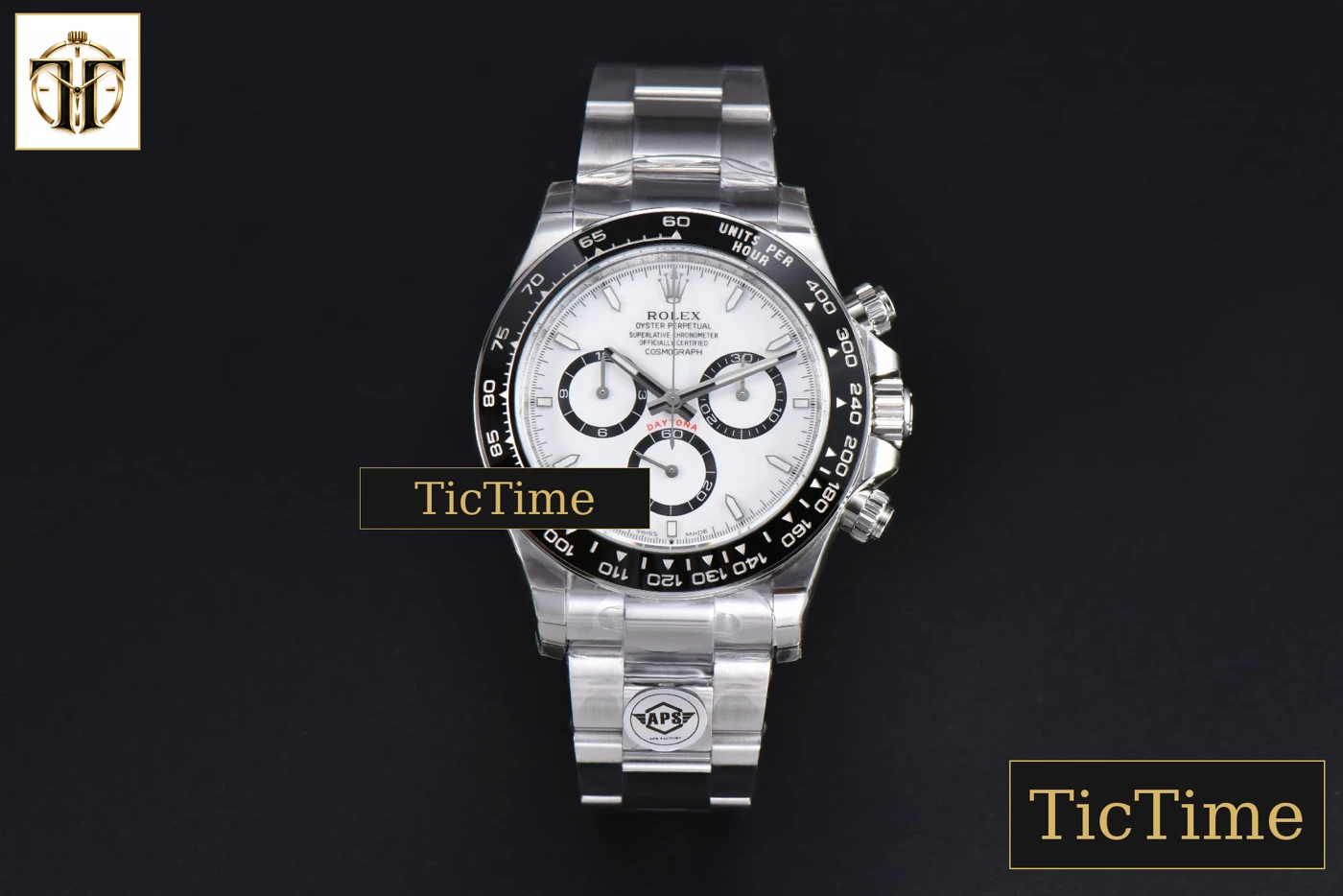 Vista frontal — Daytona 904L Steel 126500 40mm APSF White/Panda Dial SS Braclet SH4131