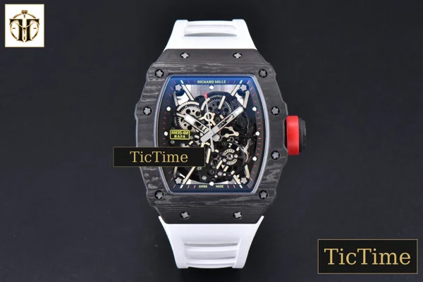 Foto frontal — RM035-02 42mm T+F Black Forged Carbon Skeleton Dial Red Crown White Rubber Strap RMUL2