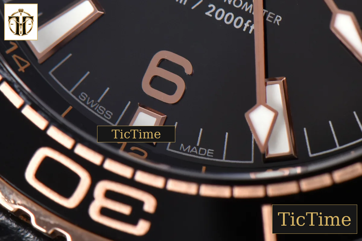 Planet Ocean 600m Deep 45.5mm VSF Black Ceramic Black/RG Dial Black Leather Strap A8906 — foto 8
