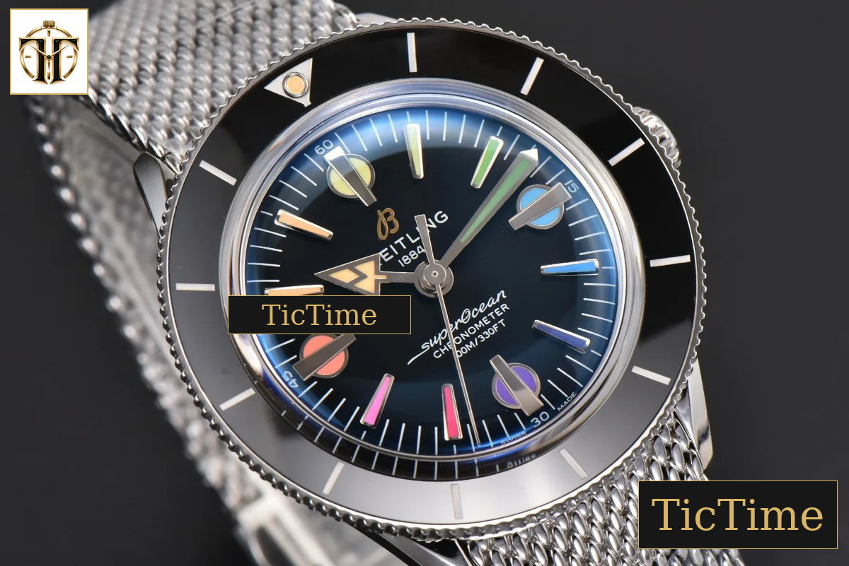 SuperOcean Heritage 42mm GF SS Black Ceramic Black Dial Rainbow Marker Mesh Bracelet A2824 — foto 12