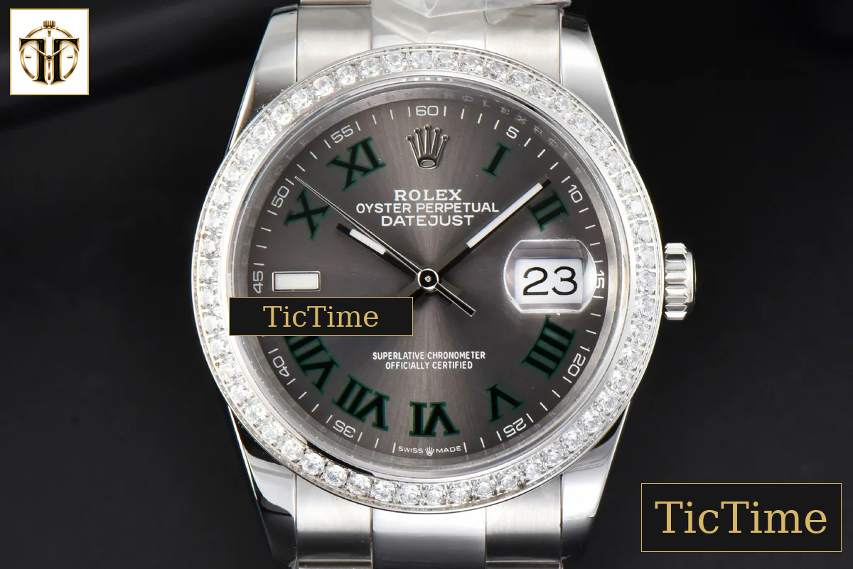 DateJust 36mm BPF Diamond Wimbledon Gray Dial Green Roma Marker Oyster Bracelet A2824 — foto 2