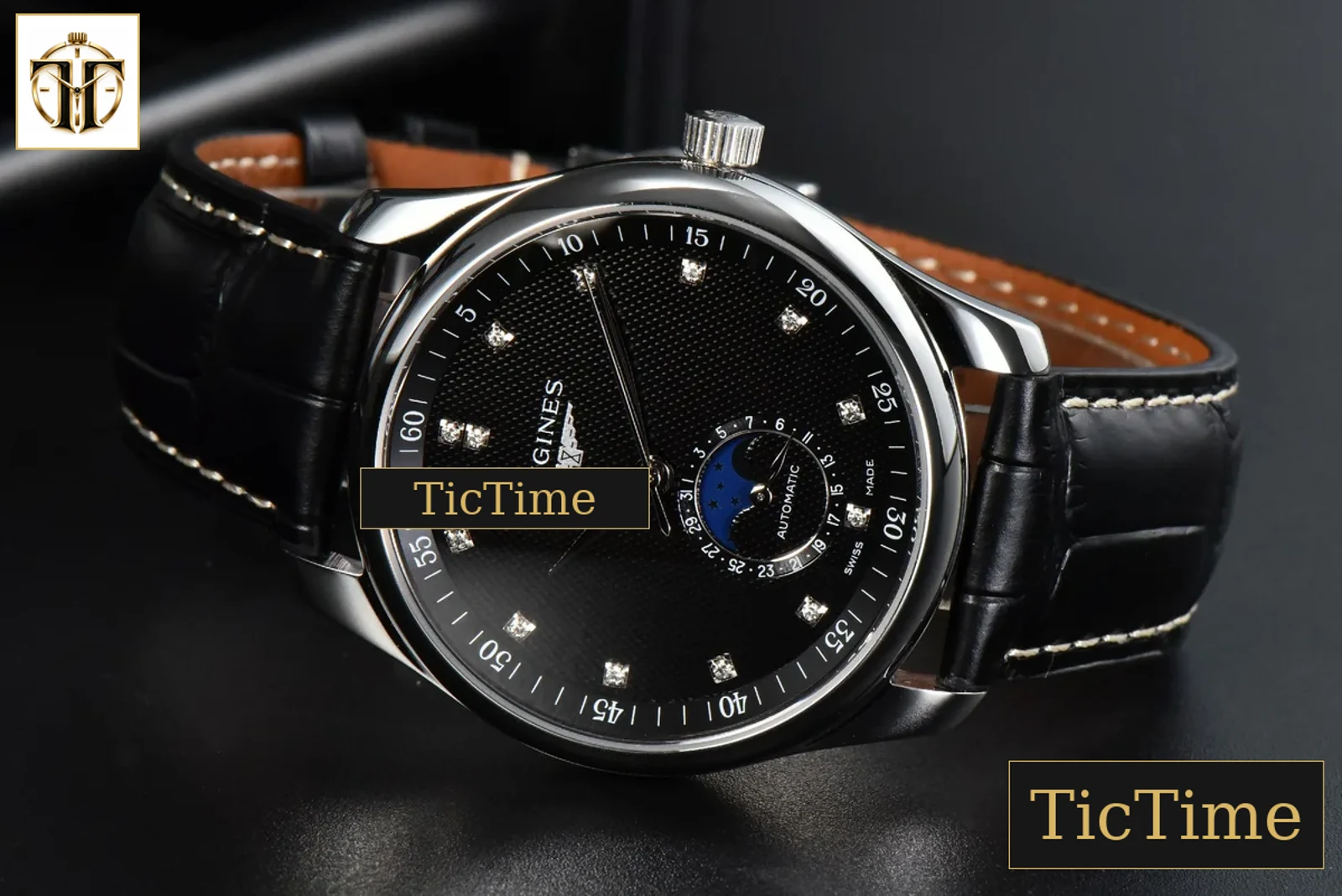 Master Moonphase 40mm GF Black Dial Diamond Marker Black Leather Strap A899 — foto 12