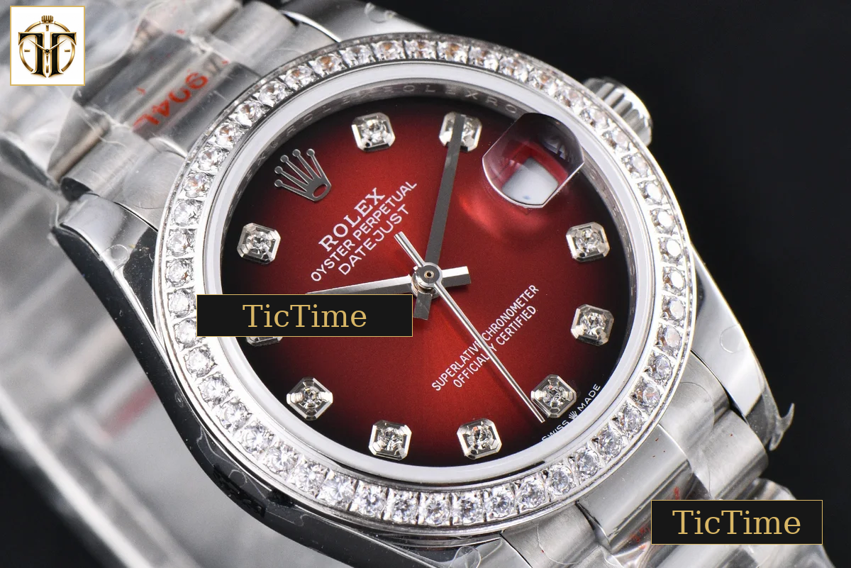 DateJust 904L 31mm GMF Diamond Bezel Red Dial Diamond Marker SS President Bracelet A2824 — foto 13