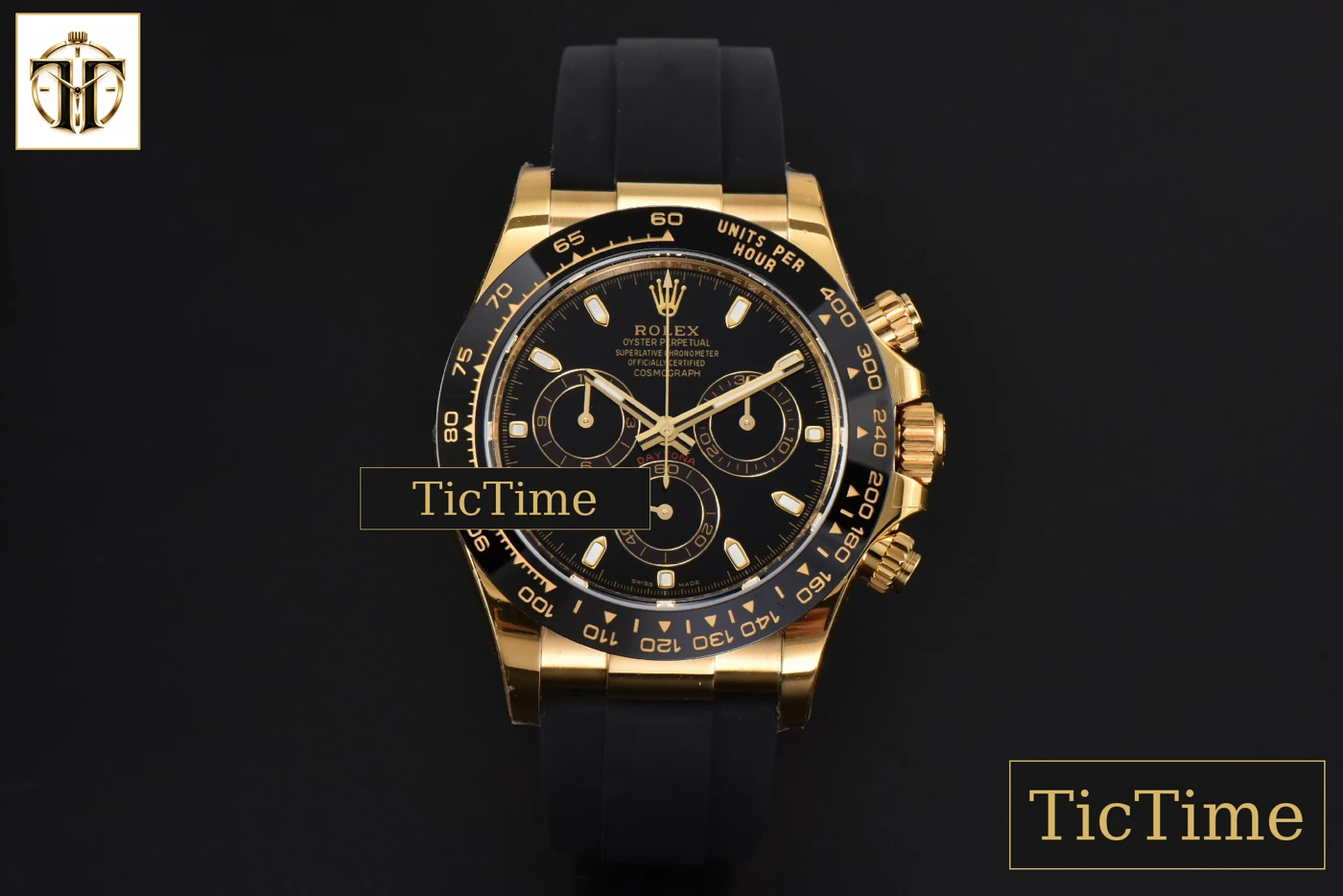 Vista frontal — Daytona 116518 BTF YG Ceramic Black Dial Oysterflex Strap SA4130
