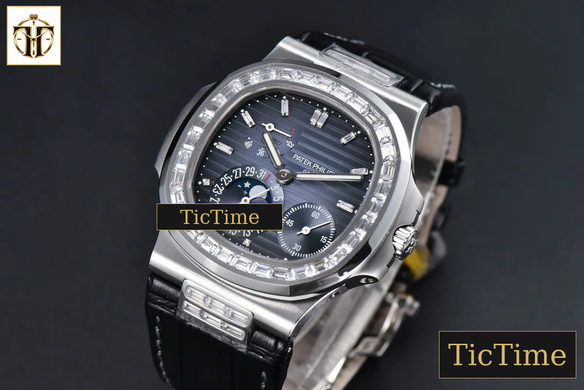 Nautilus 5712 40mm PPF Gray Diamond Bezel Blue Dial Diamond Marker Moonphase Black Leather Strap A240 — foto 4