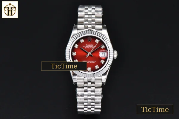 Foto frontal — DateJust 904L Fluted Bezel 31mm GMF Red Dial Diamond Marker SS Jubilee Bracelet A2824