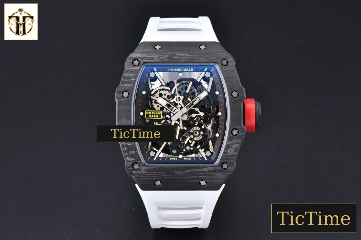 Vista frontal — RM035-02 42mm T+F Black Forged Carbon Skeleton Dial Red Crown White Rubber Strap RMUL2