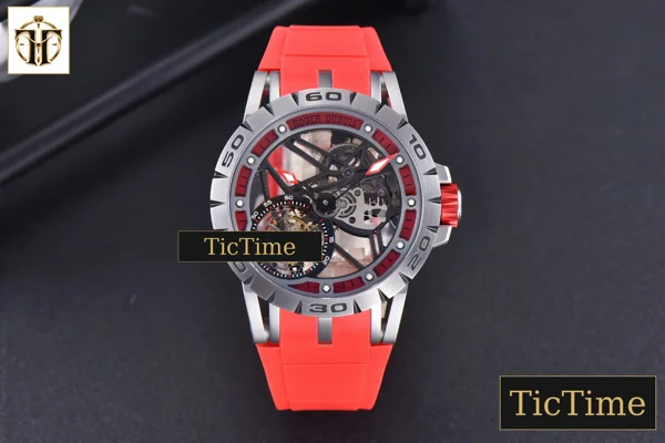 Foto frontal — Excalibur Sports Tourbillon 46mm JBF Titanium Skeleton Dial Red Crown Red Rubber Strap