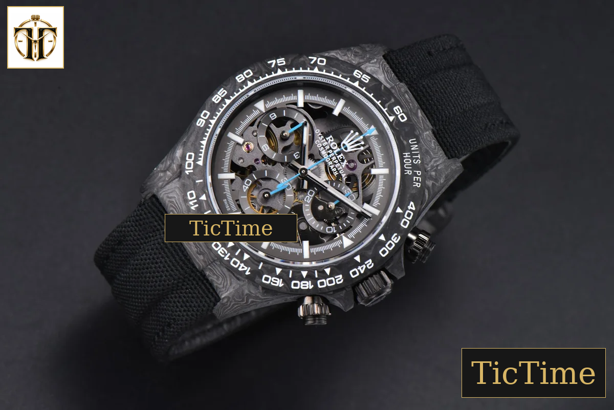 Daytona Montoya Carbon Fiber 40mm DIWF Skeleton Dial Blue Hand Black Nylon Strap 4130 — foto 4