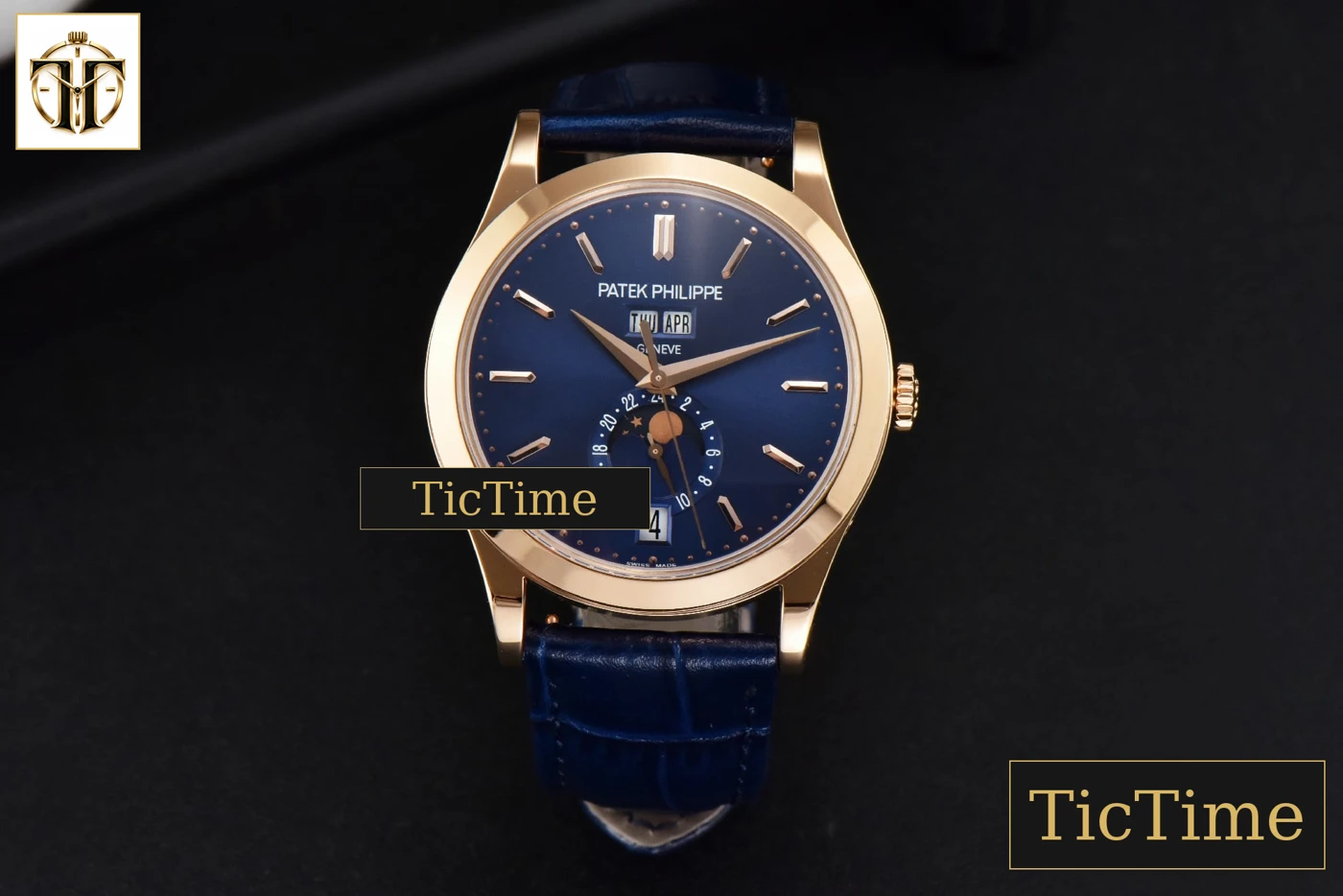 Vista frontal — Annual Calendar Moonphase 5396 38.5mm ZF RG Blue Stick Dial Blue Leather Strap MY9015