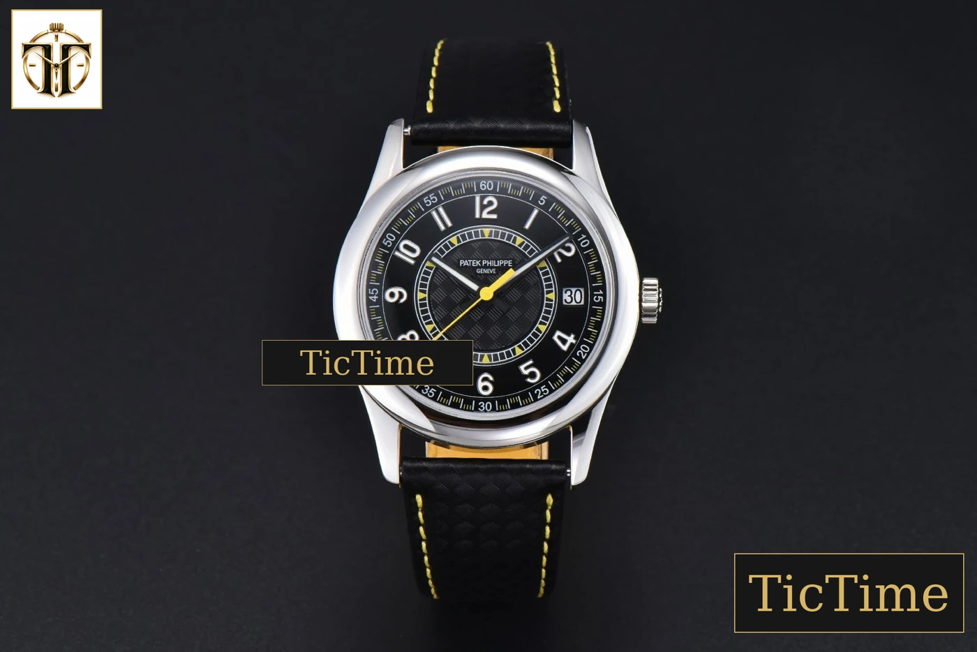 Vista frontal — Calatrava 6007G 40mm ZF Black Dial Yellow Hand Nylon Strap 9015