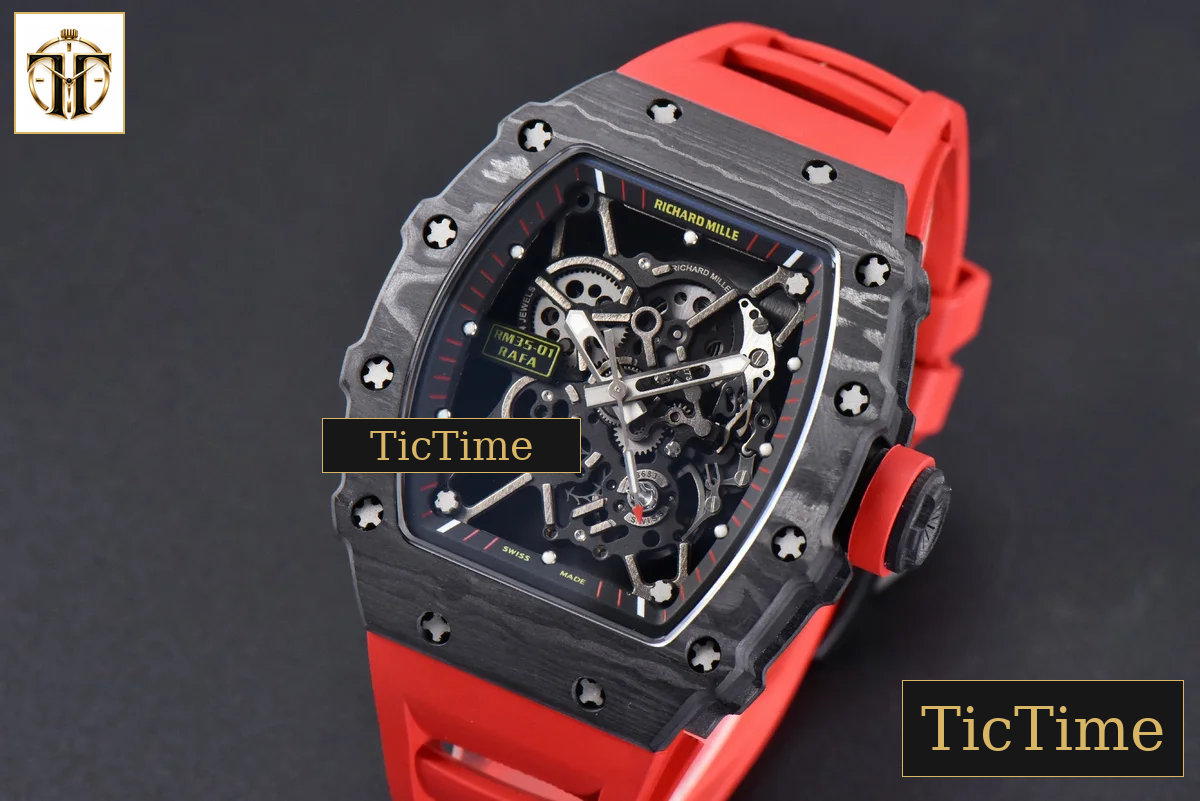 RM035-02 42mm T+F Black Forged Carbon Skeleton Dial Red Crown Red Rubber Strap RMUL2 — foto 5