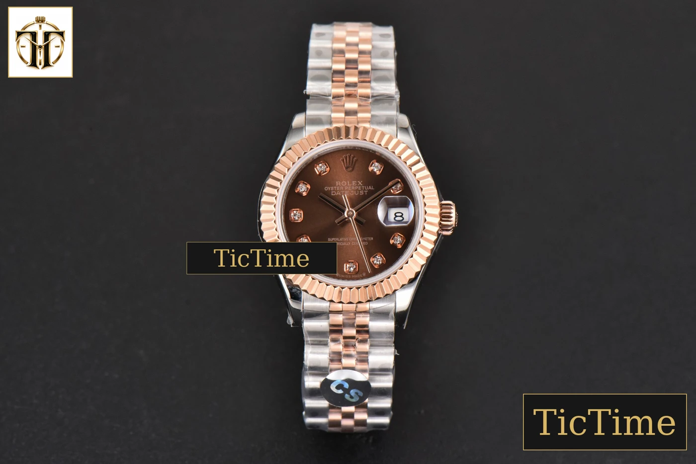 Vista frontal — DateJust Ladies 28mm WF RG/SS Brown Dial Diamond Marker Jubilee Bracelet A2236
