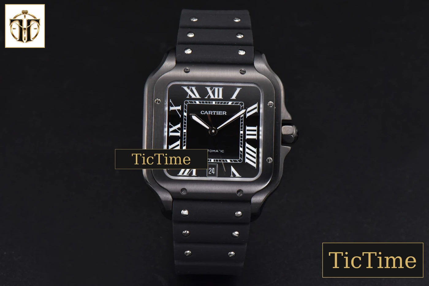 Vista frontal — Santos Large 40mm GF PVD Black Dial Black Rubber Strap Miyota 9015