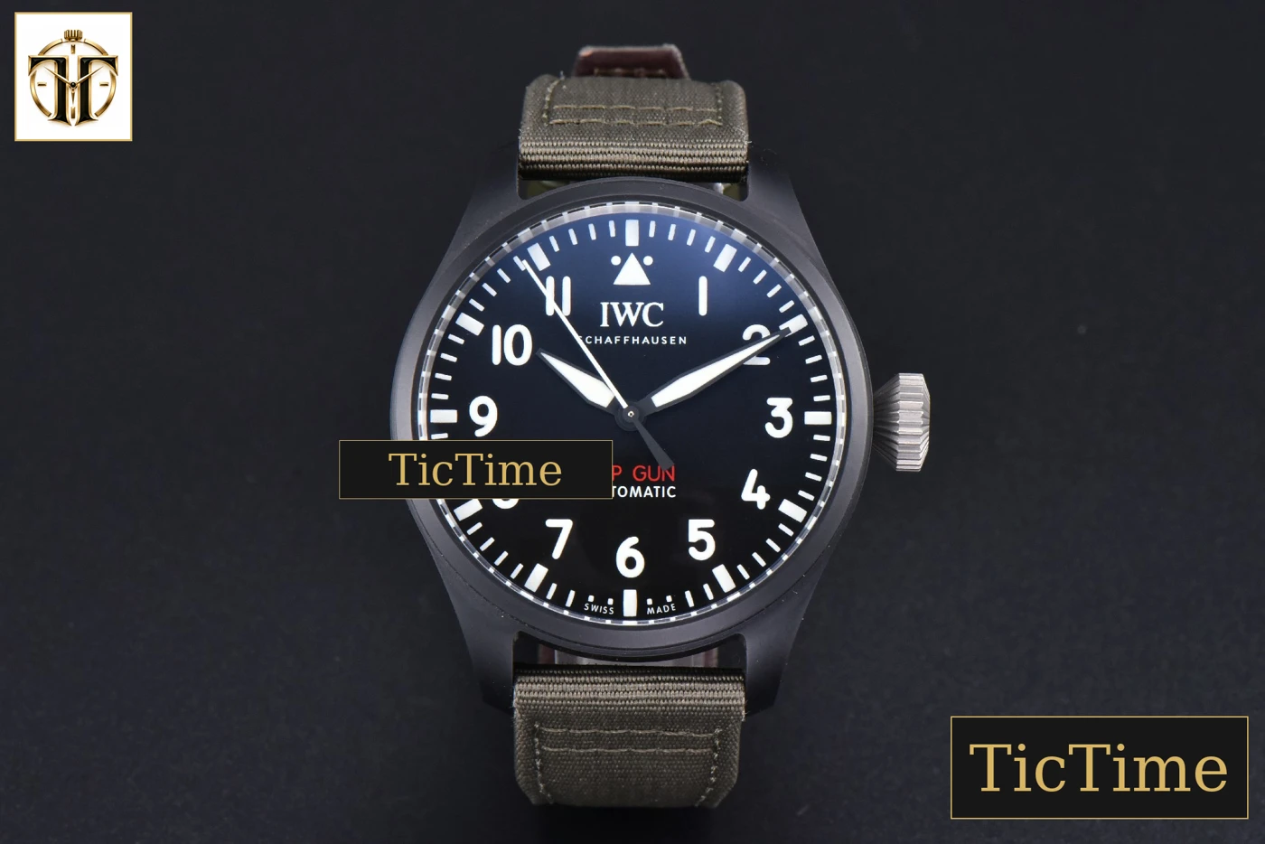 Vista frontal — Top Gun IW326901 44mm M+F Ceramic Black Dial Green Nylon Strap A2892