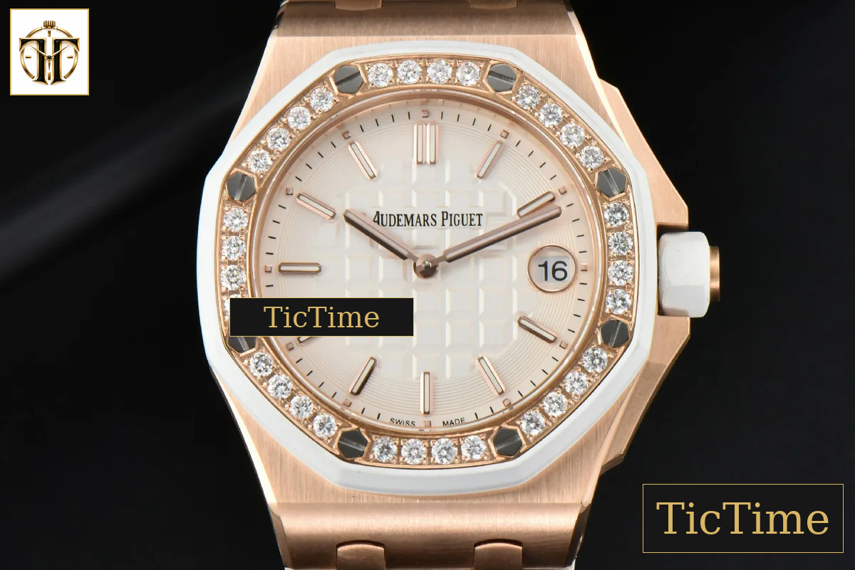 Royal Oak Offshore Ladies 33mm RXWF RG Moissanite White Dial Diamonds Bezel White Rubber Strap Swiss Quartz — foto 2