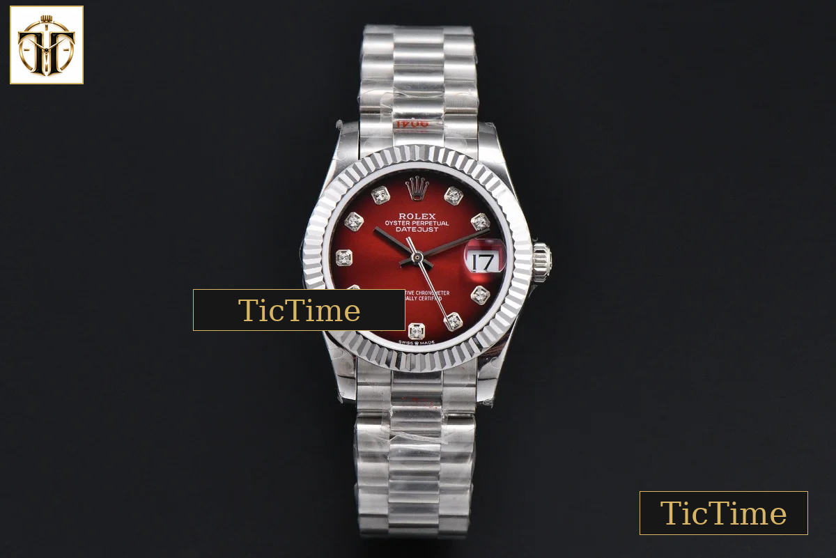 DateJust 904L Fluted Bezel 31mm GMF Red Dial Diamond Marker SS President Bracelet A2824 — foto 2