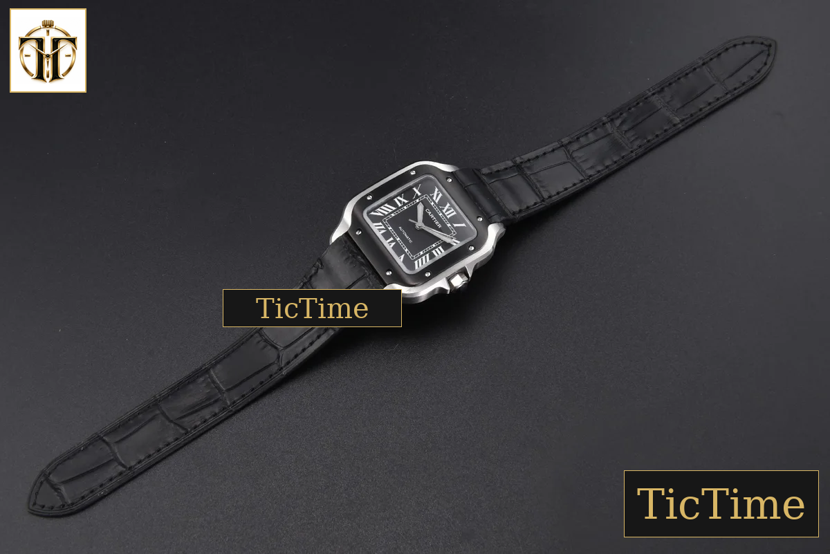 Santos de Cartier Medium 35mm AF SS Black Dial Black Bezel Black Leather Strap Miyota 9015 — foto 31