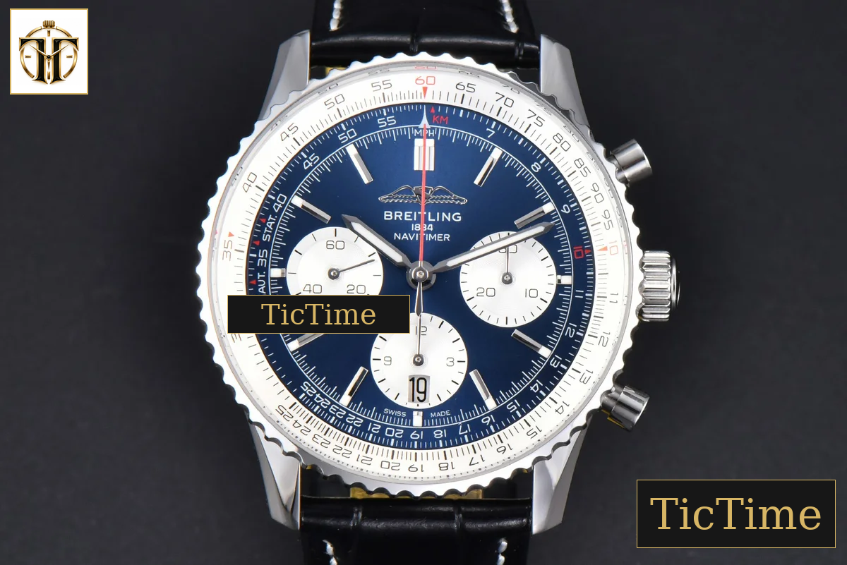 Navitimer B01 43mm BLSF Blue Dial White Subdial Black Leather Strap A7750 — foto 2