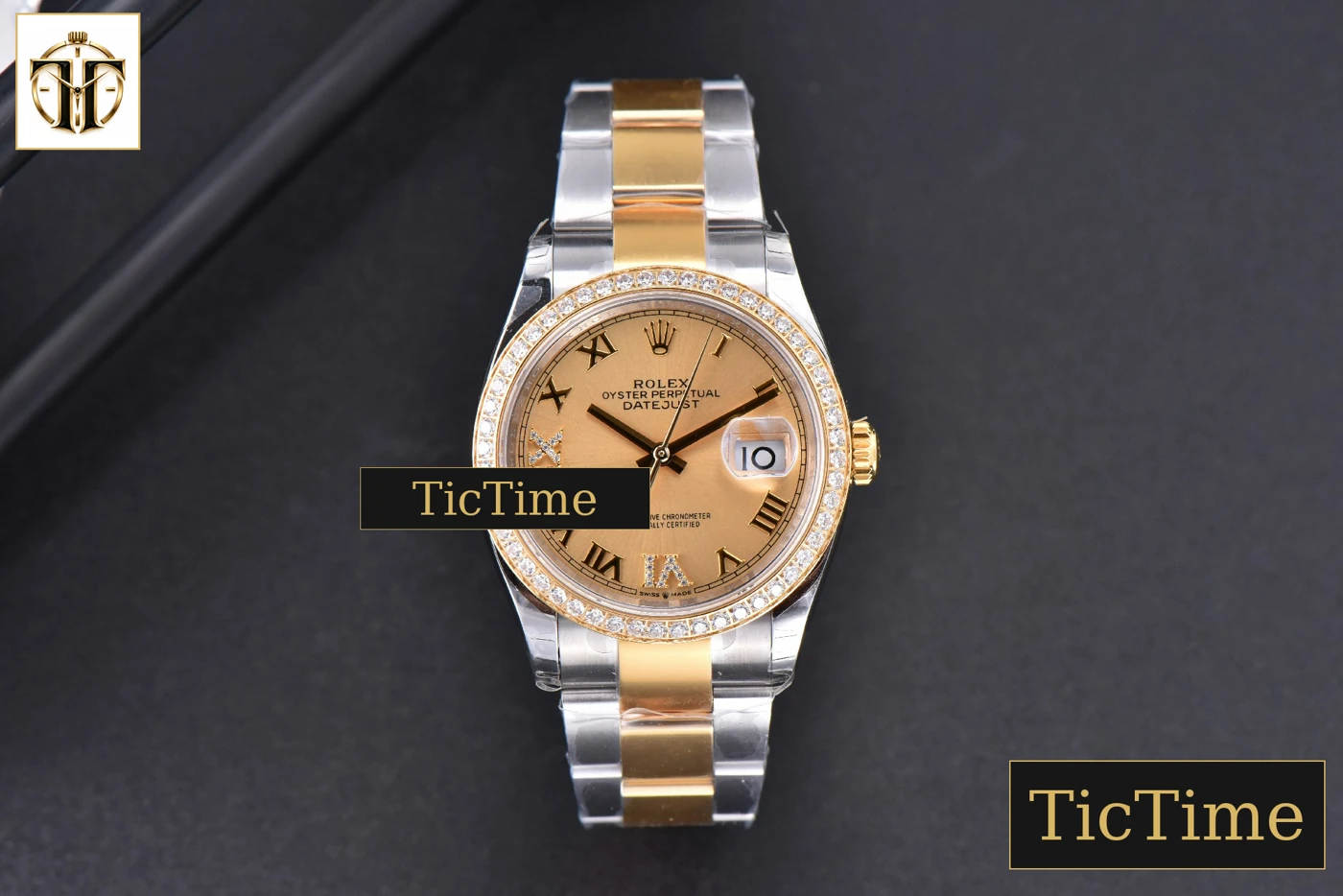 Vista frontal — DateJust 36mm EWF SS/YG YG Dial Diamond Roma Marker Diamond Bezel Oyster Bracelet A3235