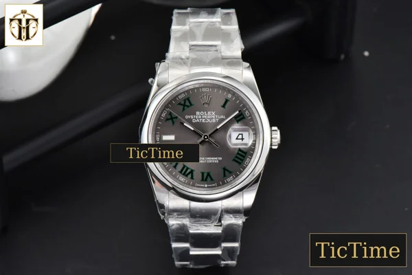 Foto frontal — DateJust Smooth Wimbledon 36mm BPF Gray Dial Green Roma Marker Oyster Bracelet A2824